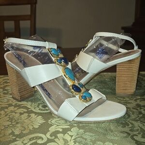 Trina Turk Silver Lake White Leather Jeweled Sandals